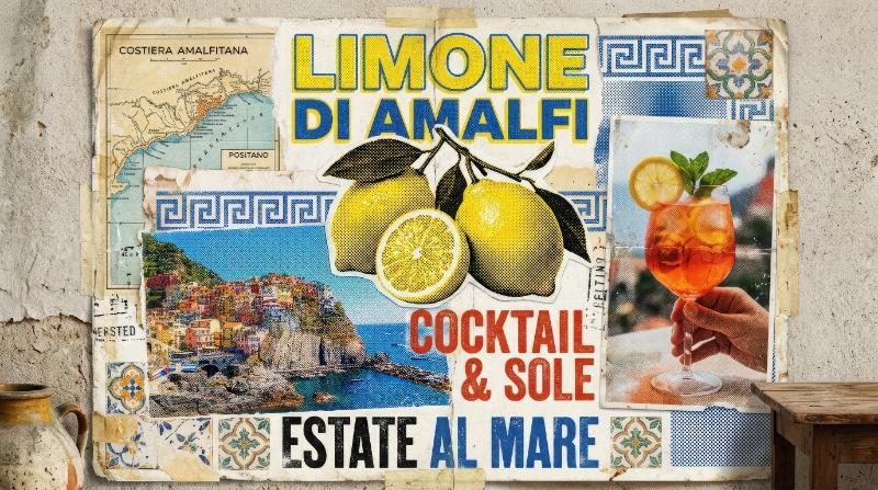 A halftone lemon collage with Amalfi cocktail energy, retro Italian-Greek grunge texture and bright summer citrus poster mood, ultra-realistic, no logos.