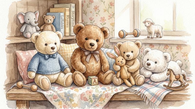 A watercolor teddy bear set with sweet plush toys in different poses, soft hand-painted textures and retro nursery tenderness, ultra-realistic, no logos.