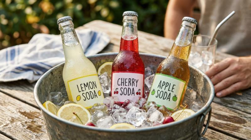 Cold drinks submerged in ice cubes, fizzy soda bottles in lemon, cherry and apple flavors, chilled glossy surfaces and refreshing lofi summer mood, ultra-realistic, no logos.