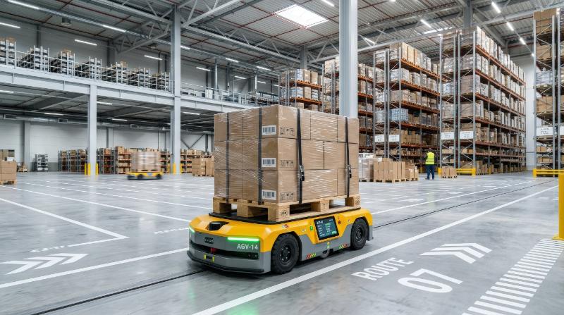 A smart AGV carrying a cargo pallet in a modern warehouse, clean industrial lines, efficient transport detail and bright technological atmosphere, ultra-realistic, no logos.