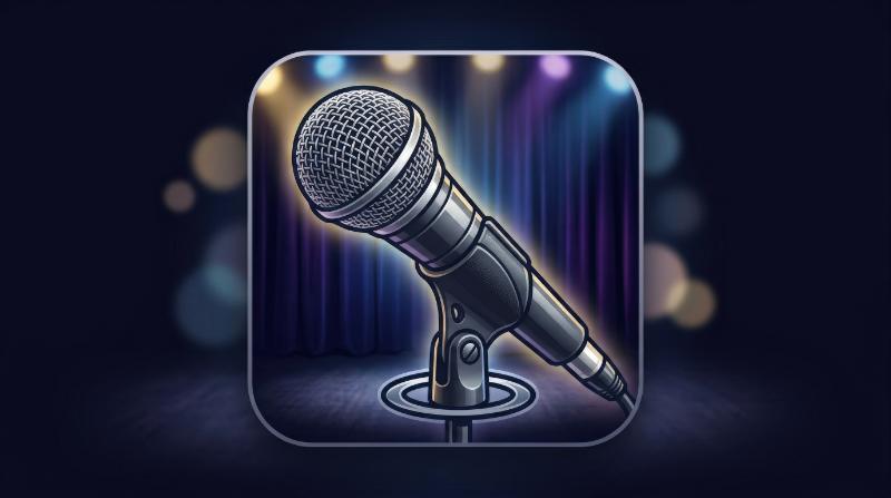 A microphone icon with classic mesh head and slim handle, audio-focused performance atmosphere, ultra-realistic, no logos.