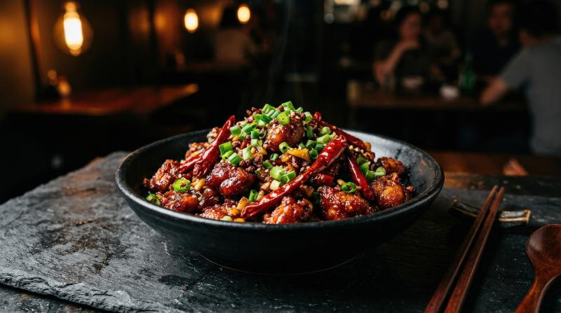 A spicy chili chicken dish with dried red peppers and green onions in a black bowl on a dark textured surface, glossy sauce, dramatic contrast, rich savory mood, moody restaurant lighting,