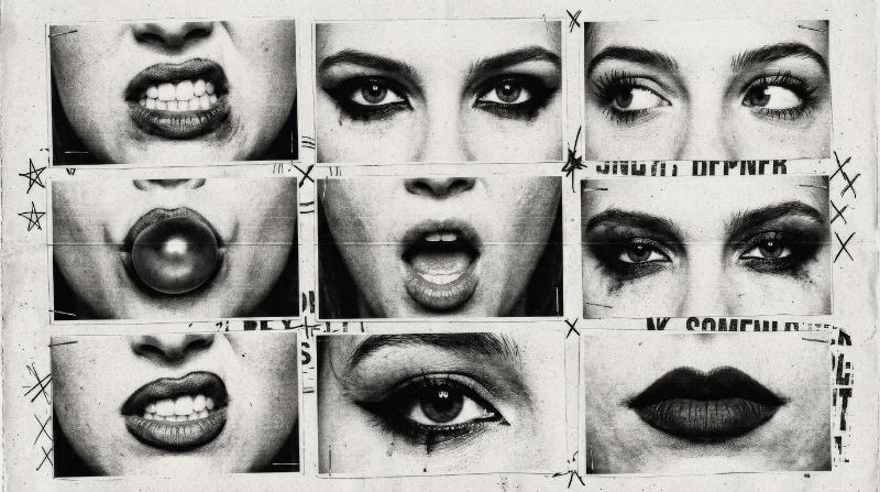 A set of female eyes lips and mouths with messy photocopy grain, punk Y2K edge, distressed monochrome texture, bold rebellious poster-ready atmosphere, ultra-realistic, no logos.