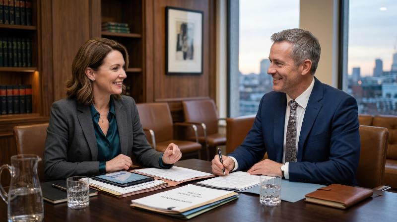 Smiling male and female law professionals sitting at a table during a meeting in an office board room, elegant surroundings, shared documents, approachable professional atmosphere, ultra-realistic, no