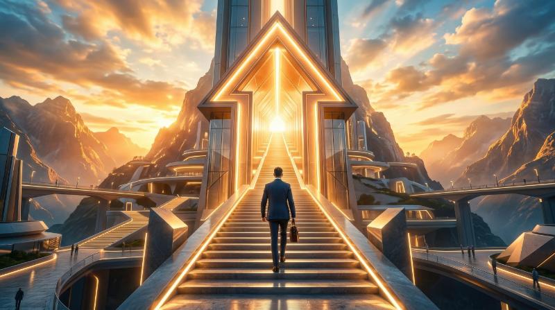A man walking toward a large arrow-shaped doorway with stairs rising upward, surreal architectural scene, symbolizing career growth, strategic path and new opportunity, bright aspirational glow,