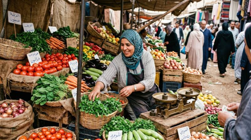 A Muslim woman selling vegetables at a market, colorful produce stacked around her, textured stall, natural daylight, lively local marketplace atmosphere, ultra-realistic, no logos.