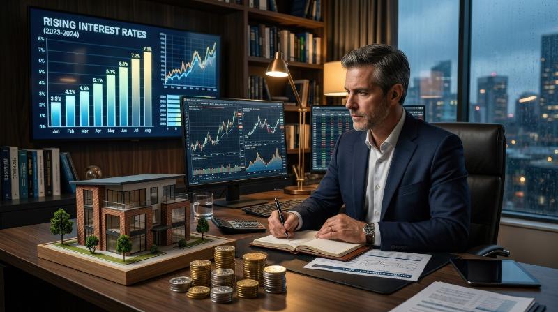 A property investor reviewing rising interest rates with stacked coins, a house model and virtual growth charts, sophisticated real-estate finance atmosphere, ultra-realistic, no logos.
