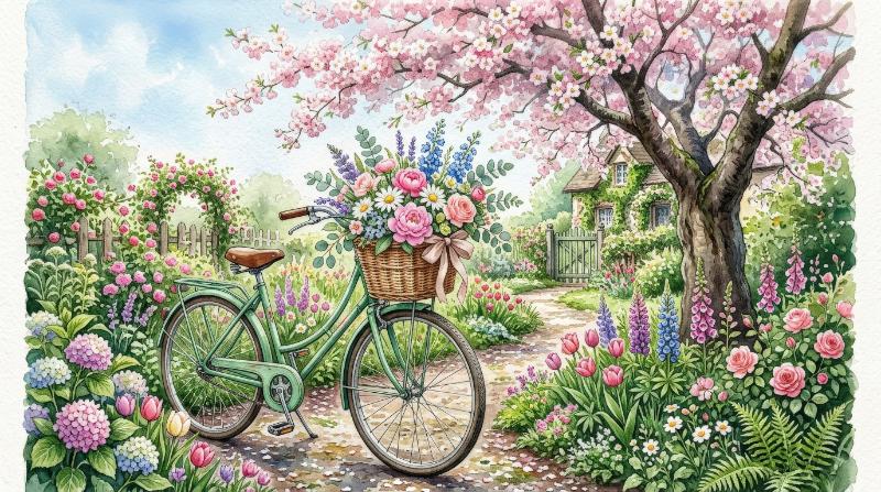 A floral watercolor set with green bicycle, wicker basket, blossom tree, flowers and plants, charming garden story, fresh spring romance, ultra-realistic, no logos.