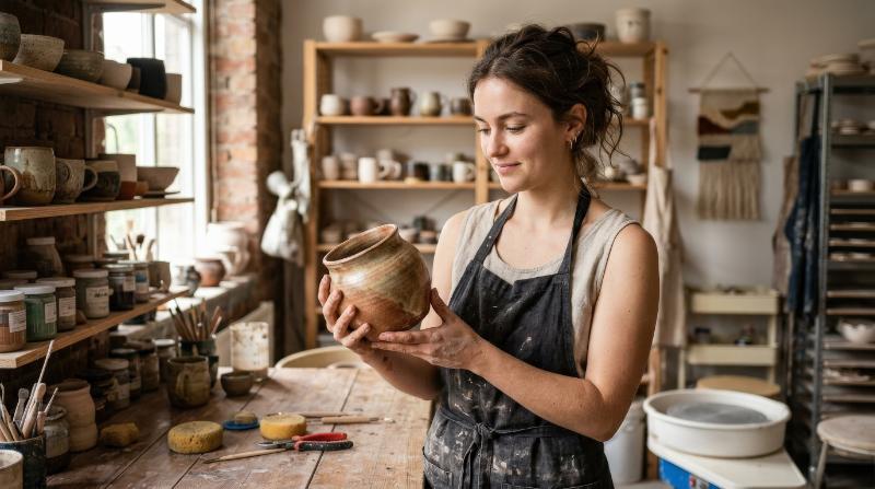 A young woman admiring her pottery creation in a studio, handmade clay vessel, soft earthy palette, proud artistic gaze and calm crafted atmosphere, ultra-realistic, no logos.