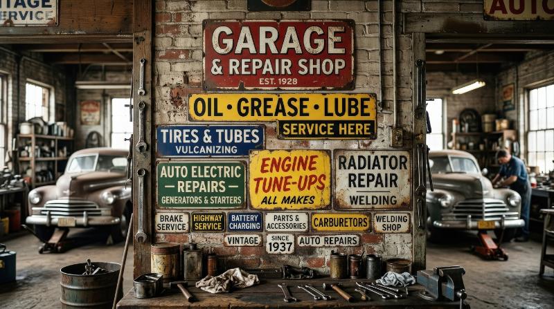 A collection of vintage automotive labels and garage signs, worn enamel textures, retro typography styling, nostalgic workshop atmosphere, ultra-realistic, no logos.
