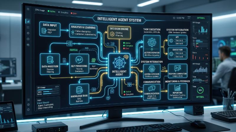 An AI automation workflow diagram with an intelligent agent system, connected process blocks, bright digital lines, clean futuristic dashboard, ultra-realistic, no logos.