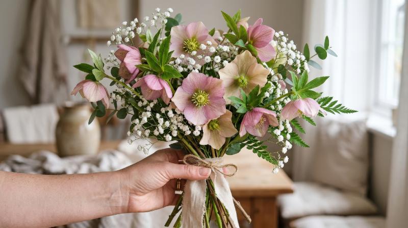 A delicate bouquet of pink and beige hellebore flowers with green leaves and white gypsophila, soft pastel tones and fresh botanical tenderness, ultra-realistic, no logos.