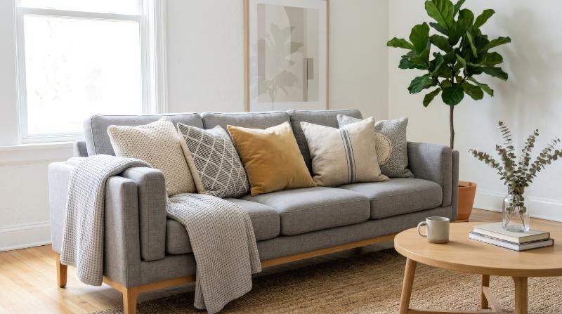 A plush grey sofa with decorative pillows in a bright studio setting, soft textile details, modern silhouette, diffused white light, calm contemporary mood, ultra-realistic, no logos.