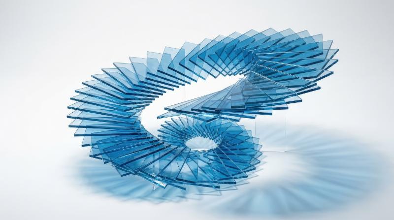 Blue translucent glass plates arranged in a geometric spiral over a clean white backdrop, layered crystal depth, delicate refraction and soft shadows creating a refined futuristic atmosphere,