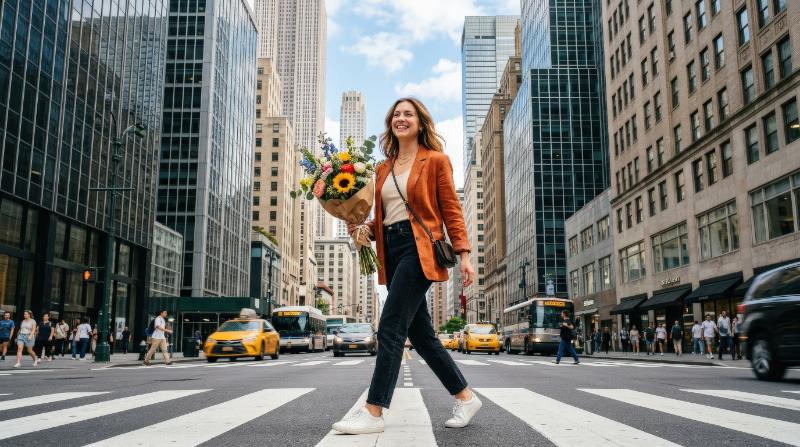 A happy young woman crossing a city street with a flower bouquet, towering buildings around her and vibrant urban optimism, ultra-realistic, no logos.