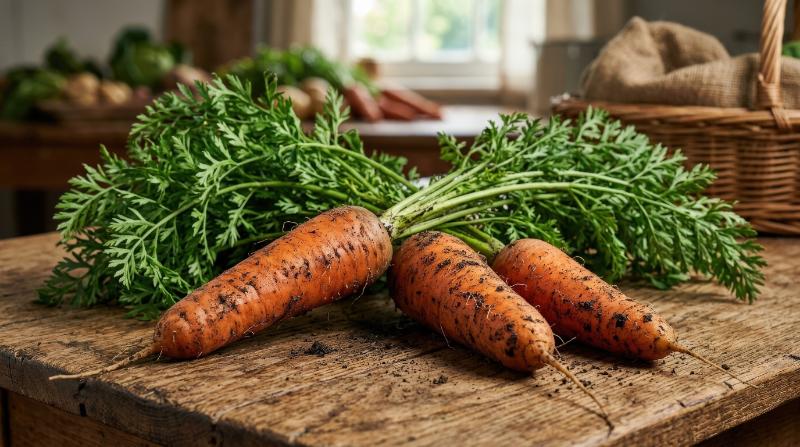 Three fresh carrots with leafy green tops, earthy texture, natural tones and simple farm-fresh appeal, ultra-realistic, no logos.