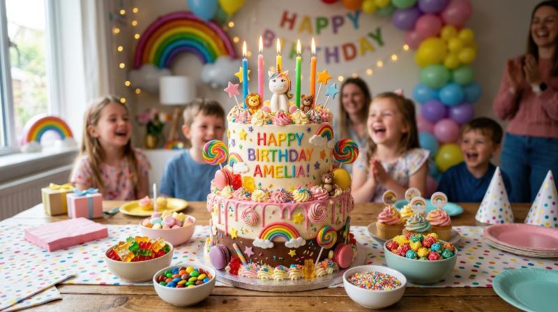 A playful birthday cake set with layered cakes, candles, frosting swirls, and festive sweets, cheerful details, bright celebratory atmosphere, ultra-realistic, no logos.