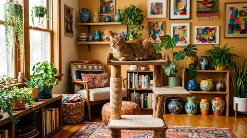 A cat perched on a cat tree in a cozy room with colorful pottery, plants and abstract decor, warm tones, playful home atmosphere, ultra-realistic, no logos.