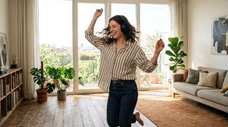A cheerful woman listening to music and dancing, natural motion, bright open space, expressive joy, soft sunlight and uplifting carefree mood, ultra-realistic, no logos.