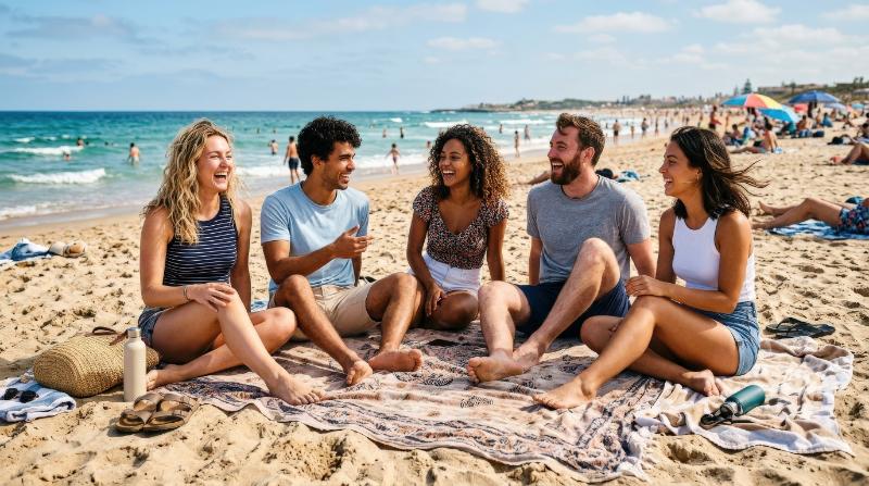 A group of friends enjoying a sunny day together on a beach, casual clothing, sand and sea, spontaneous smiles, cheerful summer mood, ultra-realistic, no logos.