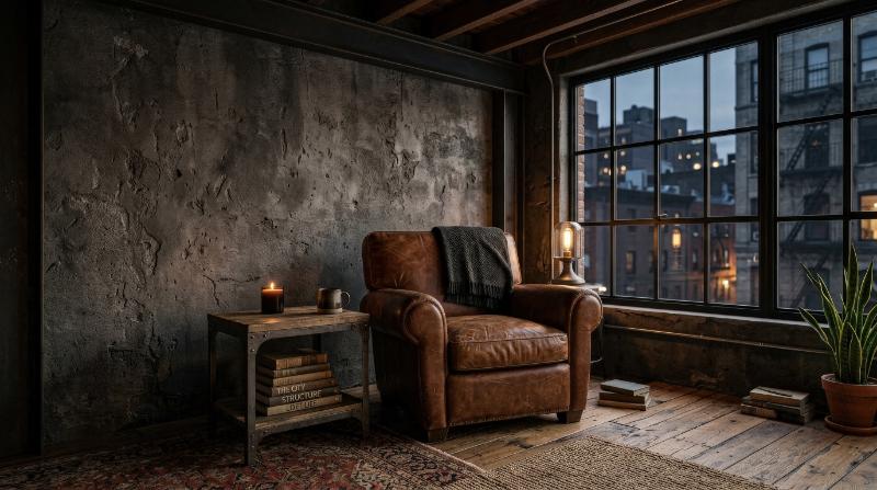 A stylish loft interior with a leather armchair against a dark cement wall, raw textures and moody industrial elegance, ultra-realistic, no logos.