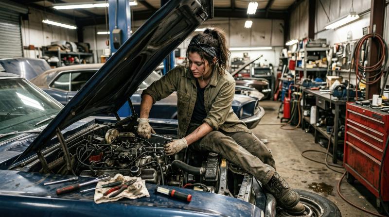 A female mechanic sitting on a car hood while leaning into repairs in a workshop, grease-streaked tools, industrial lighting and confident hands-on atmosphere, ultra-realistic, no logos.