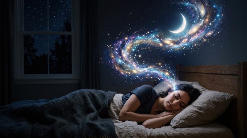 A surreal dreamscape with a crescent moon and swirling stars emerging from a sleeping person's head, soft night tones, poetic atmosphere, ultra-realistic, no logos.