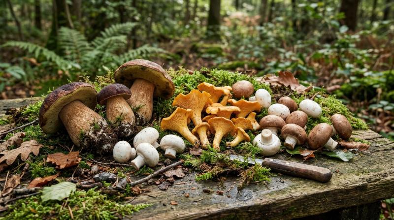 A mushroom assortment with chanterelles, porcini, button mushrooms, and forest moss on a rustic woodland surface, earthy detail and soft natural light, ultra-realistic, no logos.