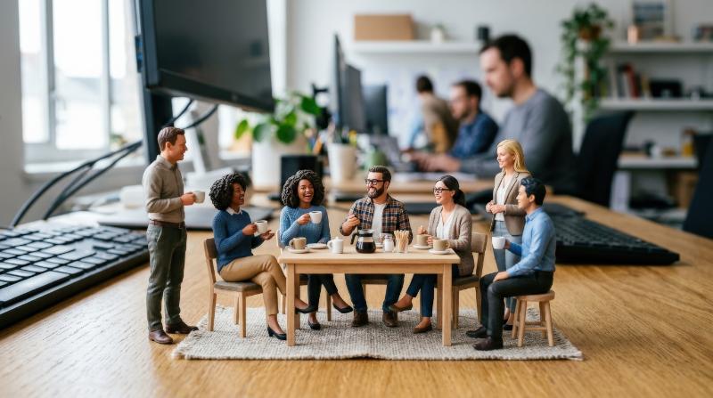 Tiny office workers enjoying a coffee break, chatting and relaxing with cups in hand, friendly workplace atmosphere, ultra-realistic, no logos.