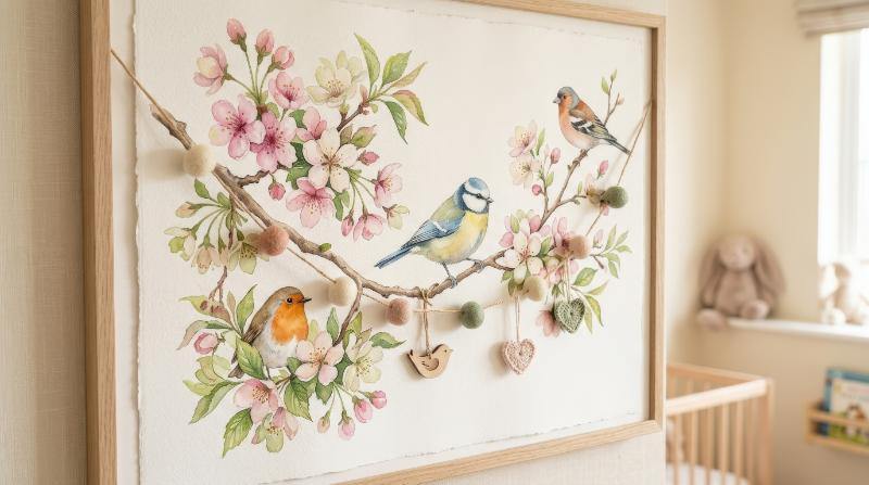 A blossoming watercolor branch with cute birds, delicate spring decoration, soft romantic freshness, cozy nursery elegance, ultra-realistic, no logos.