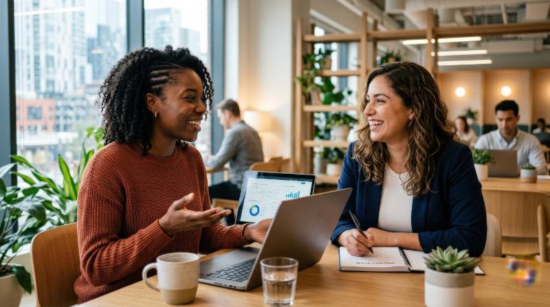 Two women smiling and enjoying a productive discussion with a laptop in view, clean modern workspace, warm daylight and easy professional rapport, ultra-realistic, no logos.