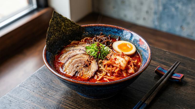 A bowl of ramen in rich red and blue tones with noodles, sliced meat, kimchi, and nori, minimal clean composition, bold color contrast, refined food styling, ultra-realistic, no logos.