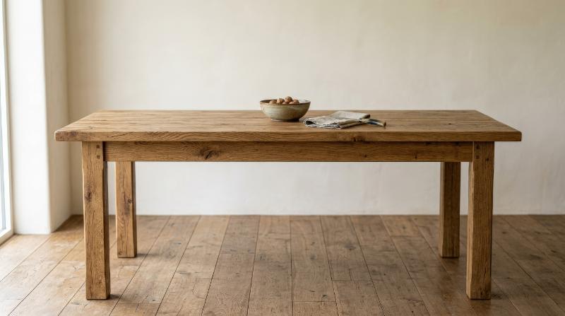 A simple wooden dining table against a plain background, natural grain and sturdy construction highlighted by soft studio light, understated warm atmosphere, ultra-realistic, no logos.
