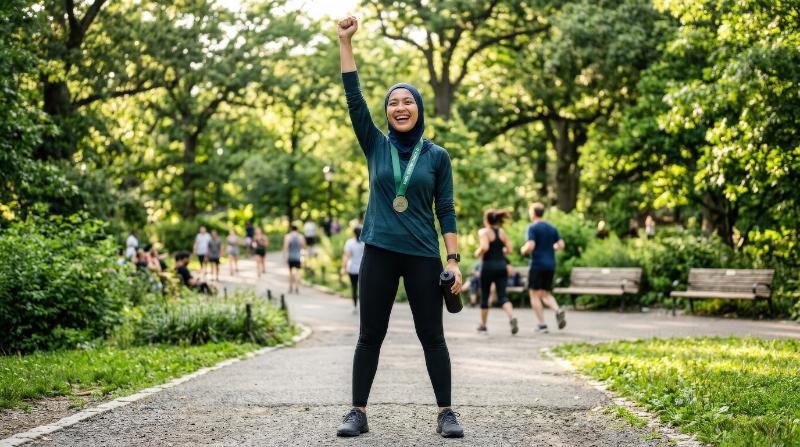 A veiled young Asian Muslim woman in sportswear celebrating a fitness achievement in the park, confident posture, fresh greenery, active strength and uplifting atmosphere, ultra-realistic, no logos.