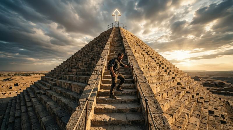 A man climbing a steep pyramid staircase toward an upward arrow at the summit, monumental geometry, strong shadows, symbol of ambition dedication and success, dramatic triumphant atmosphere,