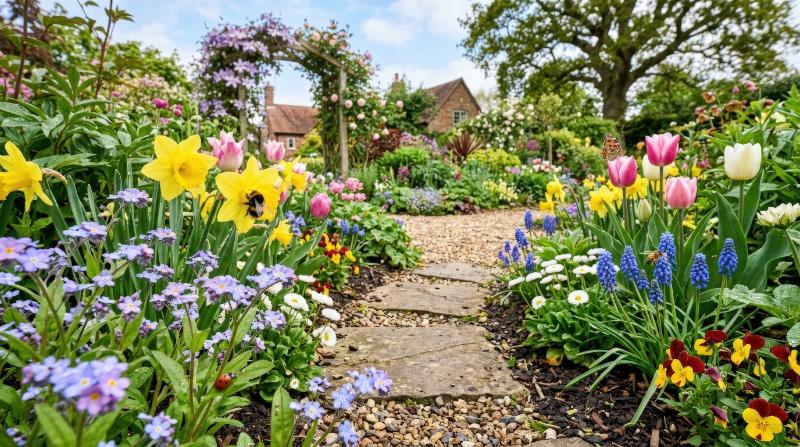A spring flower garden border with colorful blossoms and tiny insects, cheerful botanical details framing an airy scene, bright seasonal charm, ultra-realistic, no logos.