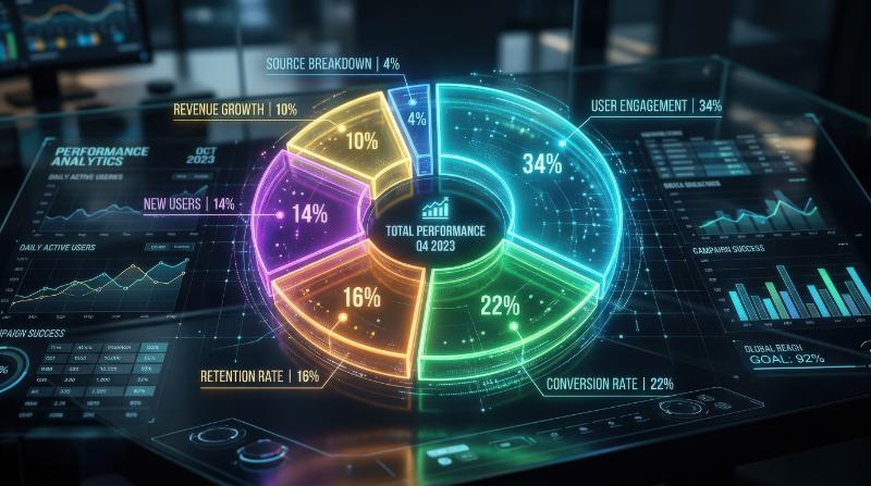 A circular futuristic pie chart diagram with luminous segments, analytics dashboard styling and clean data-visualization precision, ultra-realistic, no logos.