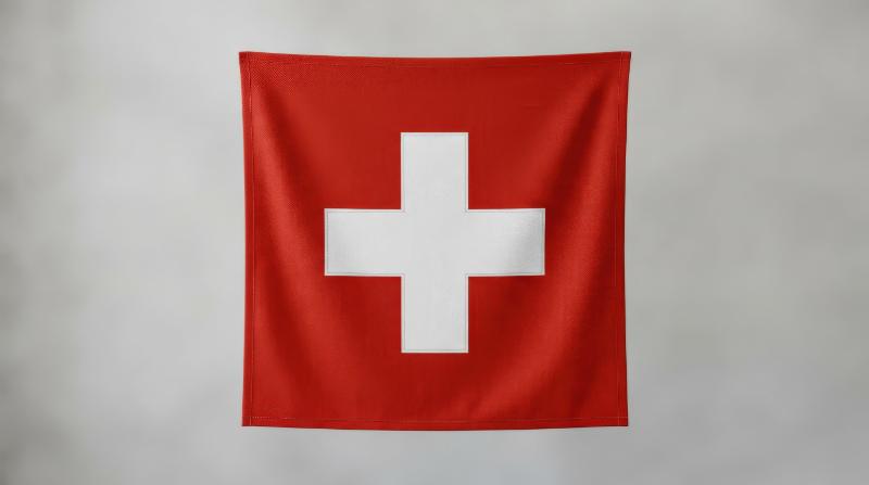 The flag of Switzerland in a clean isolated composition, bold red field and white cross, crisp national-symbol atmosphere, ultra-realistic, no logos.